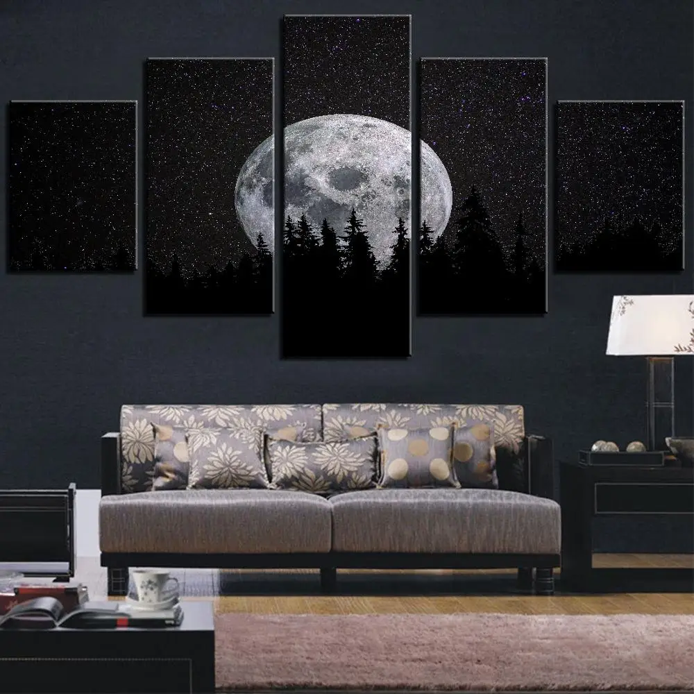5 шт. Луна Холст Плакаты звездное небо обои лес звезды картины Ночной пейзаж