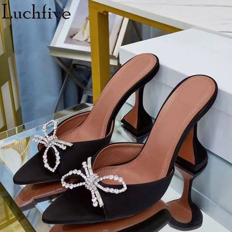 

Diamond Bowtie Satin Slippers Sexy Peep Toe Ladies Shoes Cup High Heels Sandals Mujer Summer Black Crystal Shoes Woman