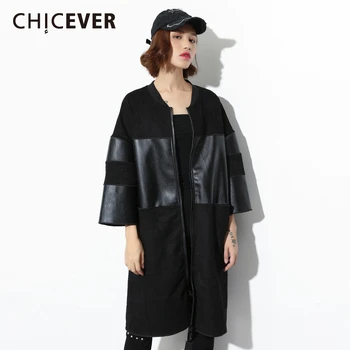 

CHICEVER Patchwork PU Leather Trench Coat Female Stand Collar Pocket Oversize Loose Women's Windbreaker Clothes 2020 Spring New
