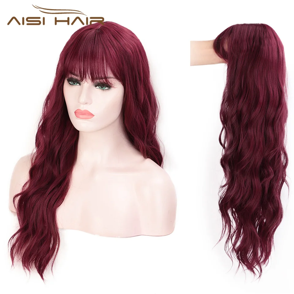 I's a парик Волнистые Синтетические парики красные длинные парики с челкой для женщин Косплей средняя часть коричневый розовый черный фиолетовый парик