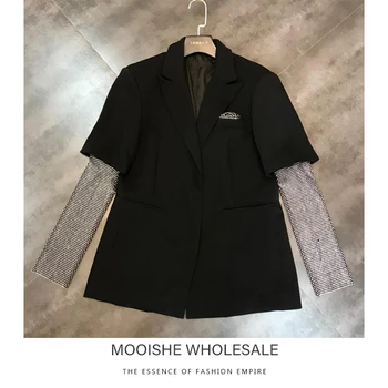 

Mooishe Spring Women Blazer Jacket Long Gauze Sleeve Diamond Black Jacket Coat