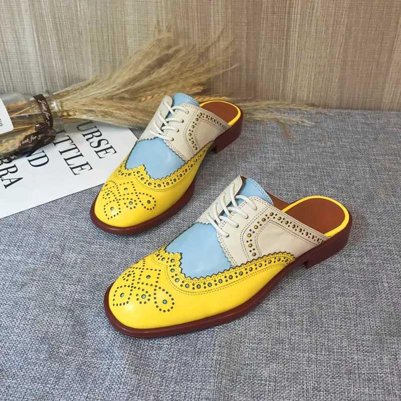 2020 Summer Slides Women's Shoes Carved Round Toe Flats Heel Brogues Mules Shallow Mouth Color Block Oxford Shoes Slippers Women (11)