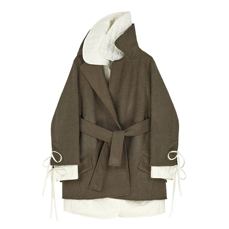 [EAM] свободное приталенное Бандажное пальто большого размера из двух частей, шерстяное пальто, парки, новинка, длинный рукав, женская мода, Осень-зима, 1M720 - Цвет: Army green