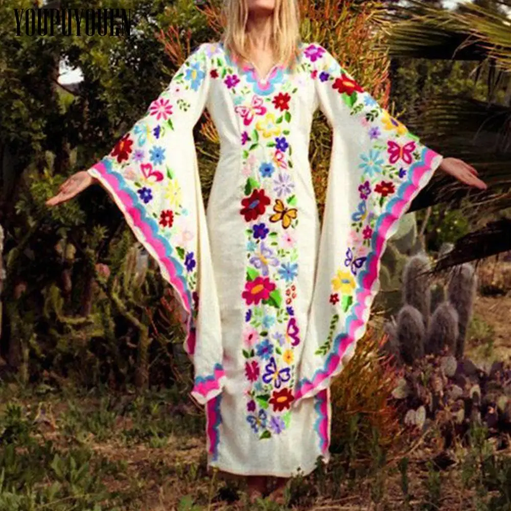 

2019 Summer Bohemia Floral Maxi Dress Women's Long Sleeve Boho Chic Hippie V Neck Flower Vintage Dresses Ladies Casual Clothes