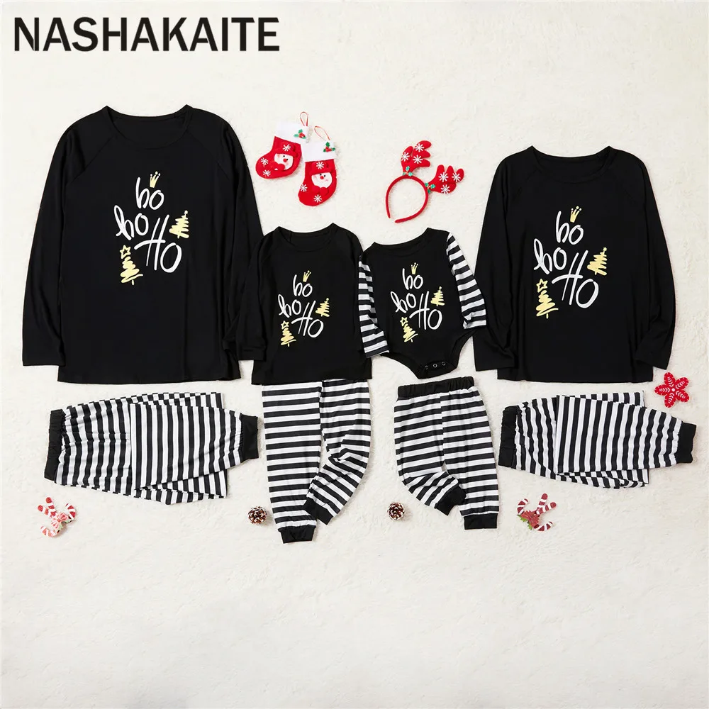 NASHAKAITE/одинаковые пижамы для всей семьи; классические рождественские пижамы в черно-белую полоску; одежда для сна для мамы, папы и детей
