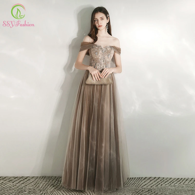 SSYFashion новинка банкетное элегантное вечернее платье коричневое вырез лодочкой