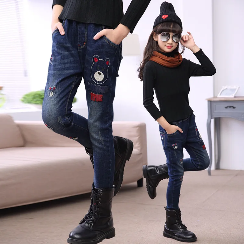 

Crawler 2017 Spring And Autumn Girls Cartoon Jeans Children Big Boy Casual Skinny Elasticity Slim Fit Long Pants