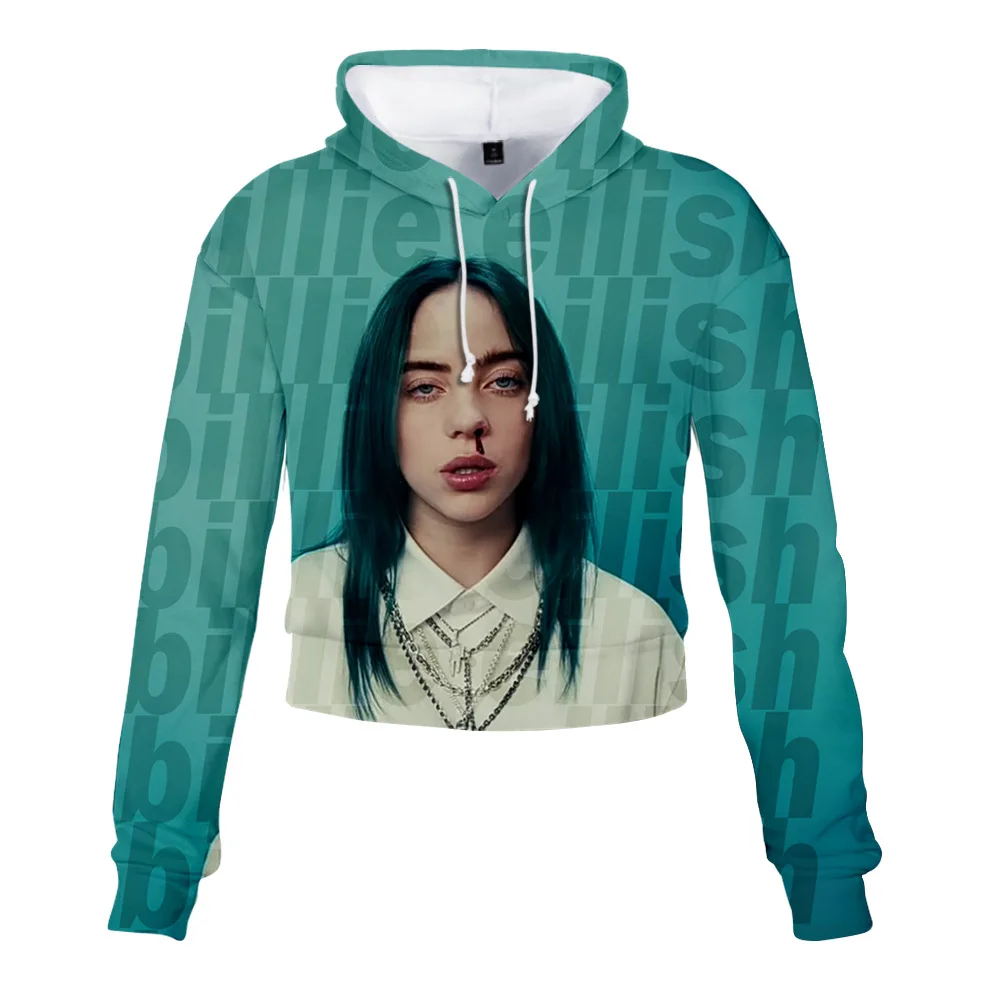 Billie Eilish сексуальные с высокой талией пупка укороченные топы для девушек Толстовка с капюшоном женские толстовки с 3D принтом модная спортивная одежда хип-хоп толстовки