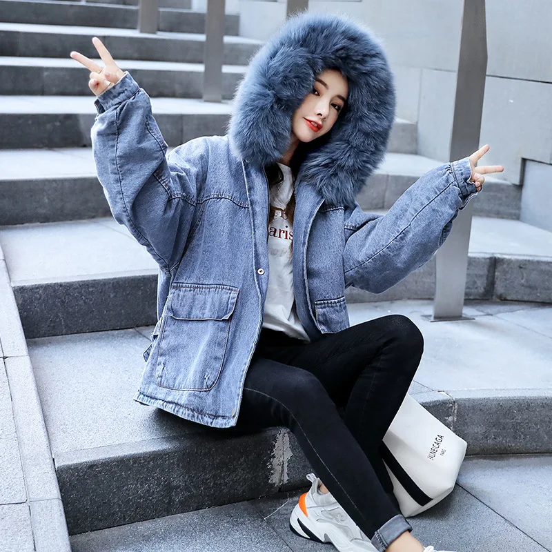 

2019 Winter Hooded Oversized Genuine Fur Collar Rabbit Fur Cowboy Cotton-padded Clothes Women's Mid-length Thick Coat