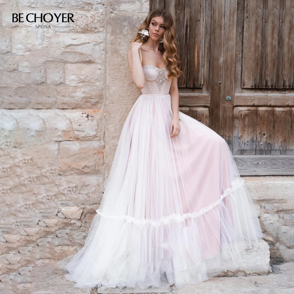 

BECHOYER Sweetheart Beaded Wedding Dress Pink Appliques Tulle Lace up A-Line Illusion Princess Bride Gown Vestido de Noiva N163