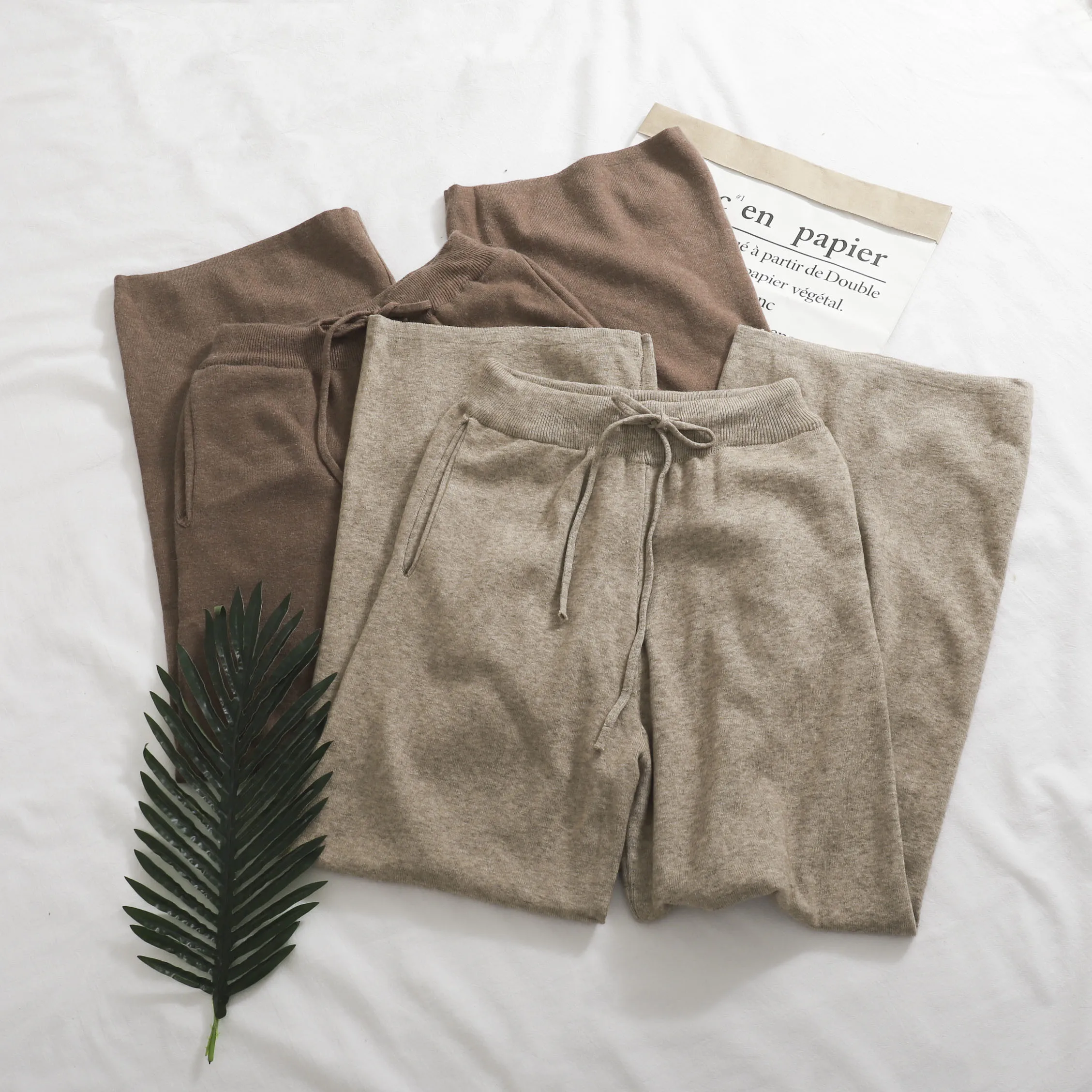 

Knitting Casual Long Pant Women Autumn Winter Drawstring High Waist Khaki Straight Wide Leg Pant Trouser Female Fashion Bottoms