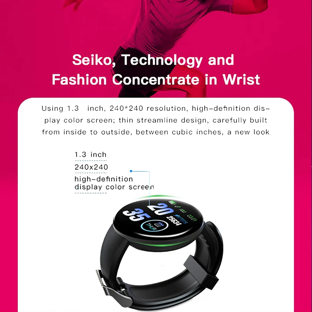  D18 Smart Watch Sleep Tracker Heart Rate Tracker SmartWatch Men Women Blood Pressure Sport Round Sm - 4000296863207