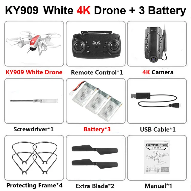 White 4K 3B Box KY909 складной Дрон 4K с камерой HD фотография самолет селфи Квадрокоптер один ключ возврат оптического потока wifi FPV дроны мини Дрон - Цвет: White 4K 3B Box