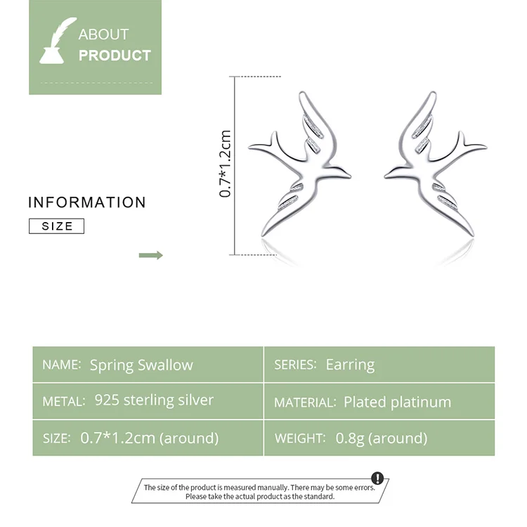 WOSTU 925 пробы серебро Весна Ласточка серьги-гвоздики в виде птицы для Для женщин свадебные Обручение маленькие серьги прекрасные ювелирные изделия CTE302