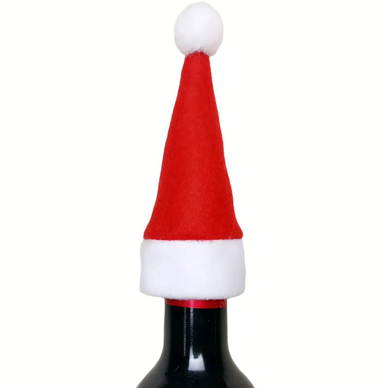 100 Pack Cotton Christmas Santa Hat for Silverware Wine Bottle Holder Christmas Utensil Cutlery Holder Bags Pouch New Year Decor
