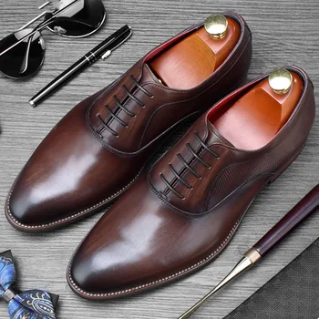 

2019 Men's Oxford Dress Shoes Lace-up Handmade Formal Shoes Men Genuine Leather Wedding Office Business Italian Shoes