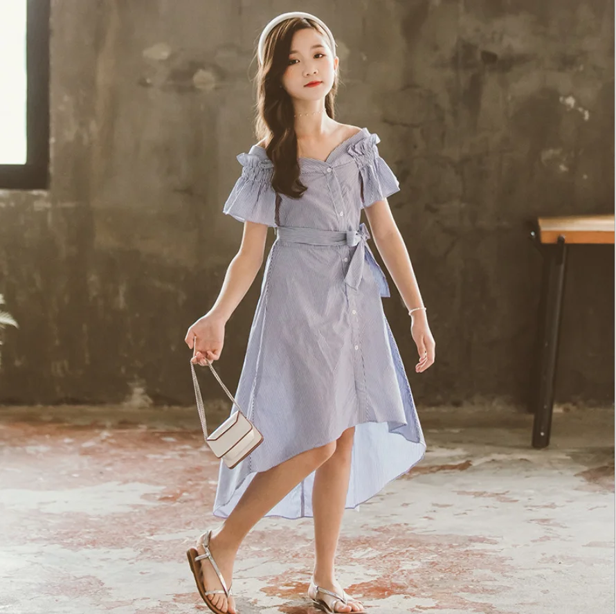 Girls' Big Kids Summer Dresses 2020 New Children's Fashion Ladies Xiaoxiang Wind One-Shoulder Short-Sleeved Striped Skirt | Детская