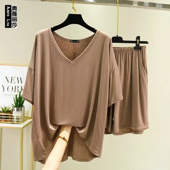 

Summer Thin Section Modal da v ling Loose Plus-sized Large Size Bat Sleeve Tops Shorts Household Pajamas Piece