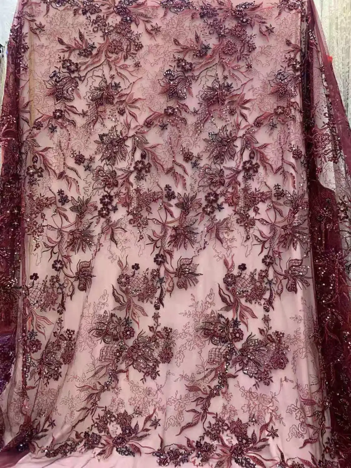 

Red wine color heavy handmade embroidery french lace fabric with beads sequins crystals tassels flower pattern newest design