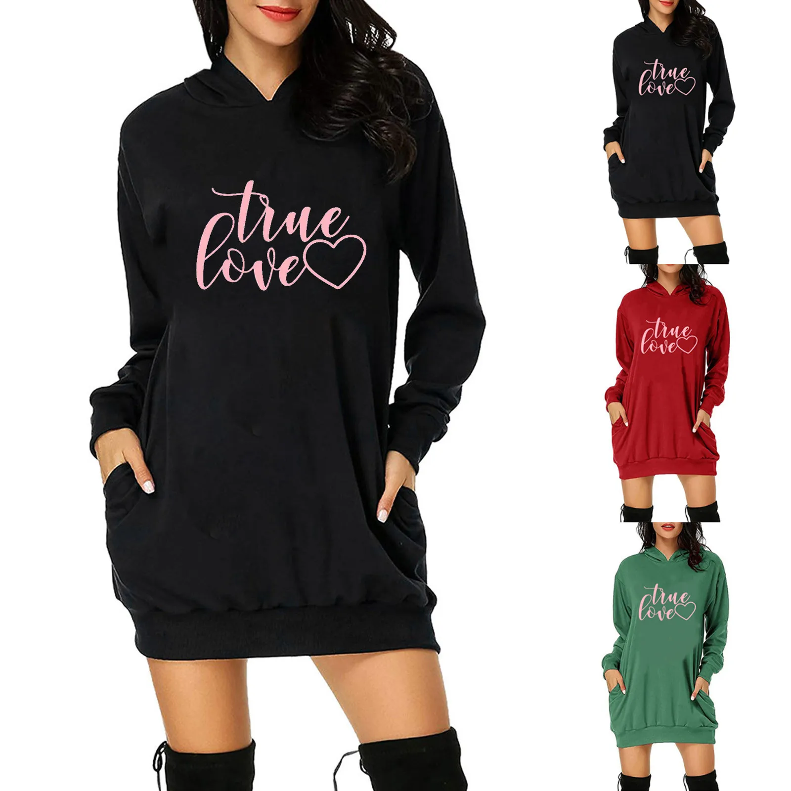 

Fashion Women Valentine's Day Letter Print Hooded Pockets Sweatshirt Dress Dec 3rd