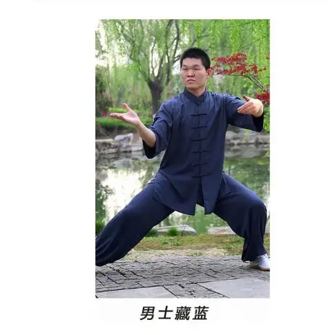 Teng Xufei Yang Tai chi одежда и хлопок С Короткими Рукавами Летняя мужская и женская одежда для взрослых Одежда для восточных единоборств Taijiquan exergis - Цвет: male dark blue