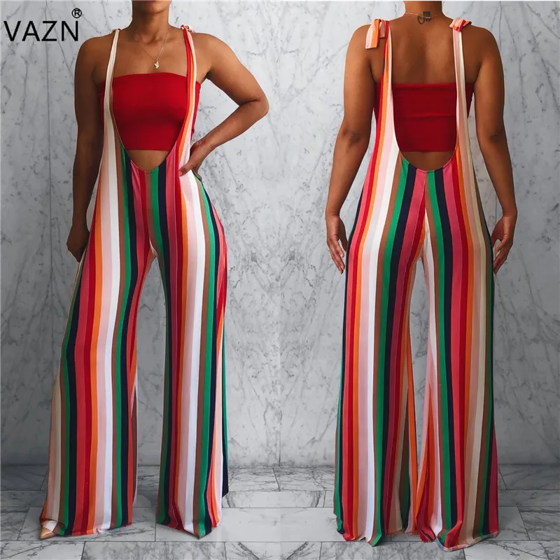 VAZN fn8289 Новинка Yong Lady Of Note Сексуальная Мода Мульти полосатый Спагетти ремень шифон для женщин свободные широкие ноги шифоновый комбинезон