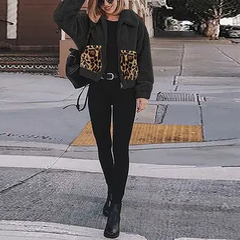 

Women Plush Jackets Leopard Pockets Stitching Long Sleeve Coat Autumn Winter EIG88