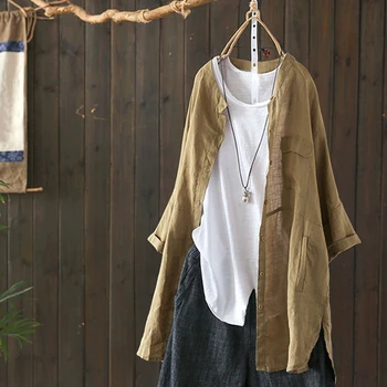 

S-5XL Plus Size Women Long Sleeve Button Shirt Cotton Asymmetric Split Hem Vintage Blouse Casual Stand Collar Long Tunic Tops