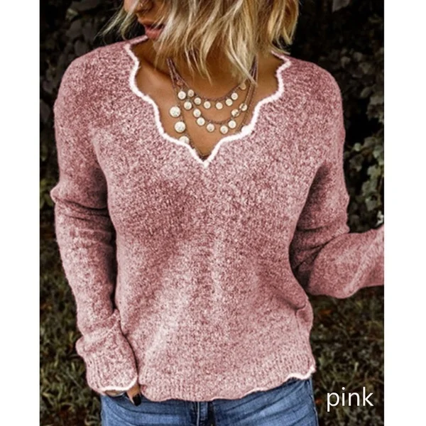 Женский Однотонный свитер с v-образным вырезом на осень и зиму, вязаный винтажный пуловер с длинным рукавом, Женский Повседневный теплый джемпер, топы 5XL - Цвет: Розовый