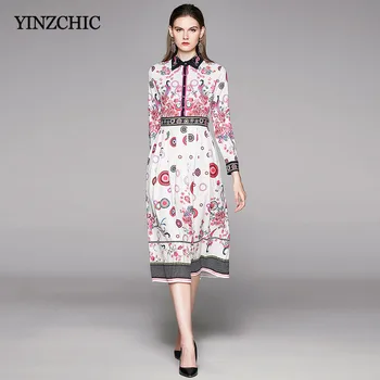 

Fashion Floral Print A-line Dress Spring New Ladies Elegant Midi Dresses EU Style Slim Dresses Woman Full Sleeve Dress