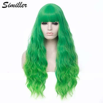 

Similler Long Curly Synthetic Wigs for Cosplay Ombre Color Two Tones Green Root High Temperature Fiber with Bangs