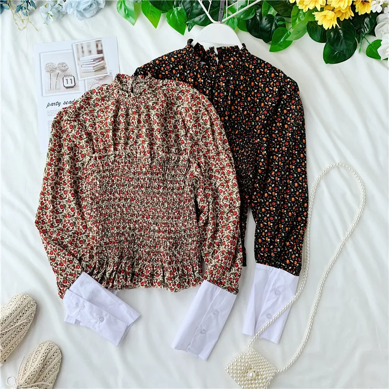 

Autumn 2019 Retro Printing Stand Collar Slim Waist Wood Ear Chiffon Shirt Women Blouse Tops H865