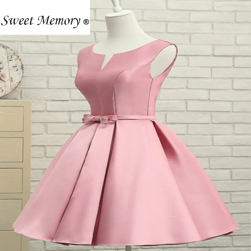

Sweet Memory Pink Satin Short Cheap Prom Dress Knee Length Lace Up Prom Dresses Robe C1935