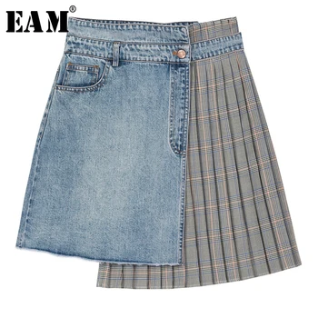 

[EAM] High Waist Plaid Pleated Denim Split Joint Temperament Half-body Skirt Women Fashion Tide New Spring Autumn 2020 1S613