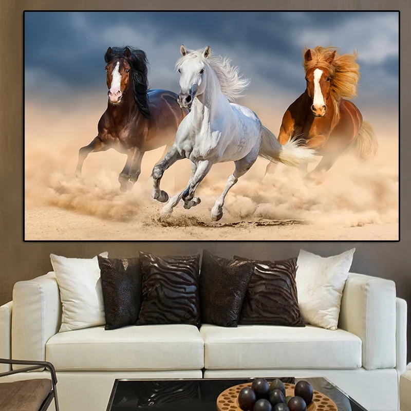 

Modern Three Running Horse Animals Artistic Oil Painting on Canvas Posters and Prints Wall Art Picture for Living Room Cuadros