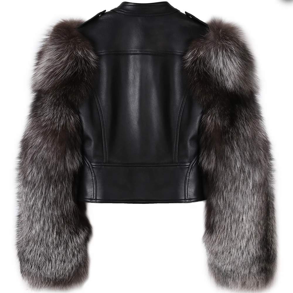 YOLOAgain women stand collar short genunie leather jacket ladies silver fox fur sleeve real leather jacket