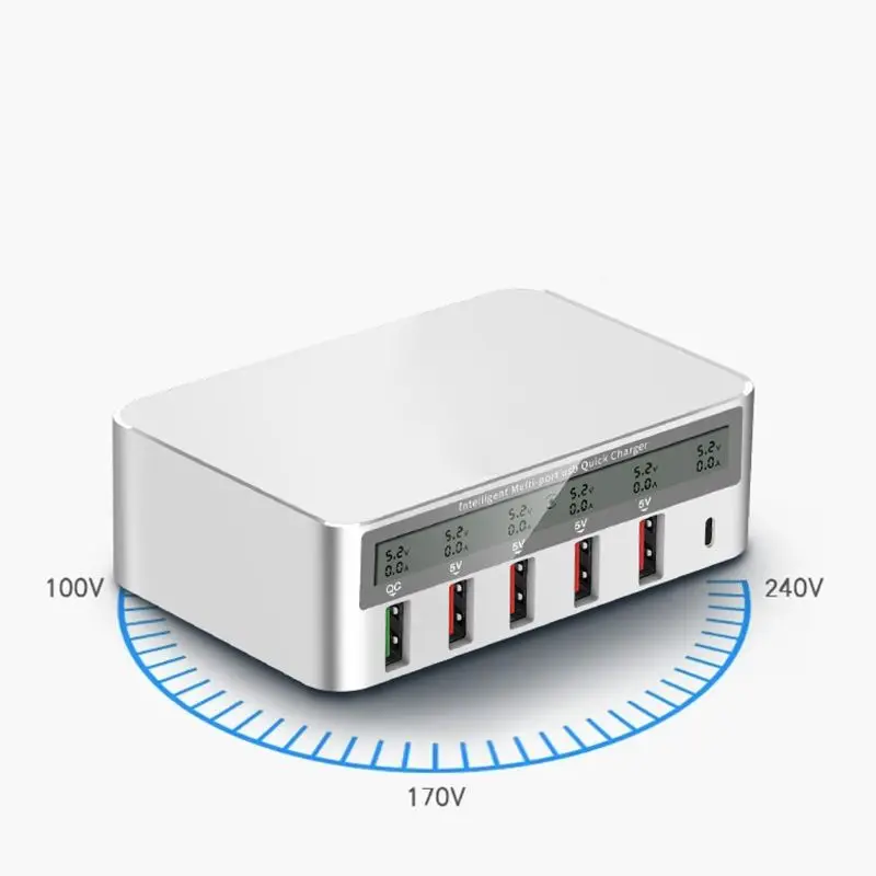 6-в-1 Тип C 5 USB QC 3,0 Быстрая зарядка с ЖК-дисплей Напряжение ток Дисплей для iPhone iPad samsung Xiaomi huawei сотовый телефон планшет