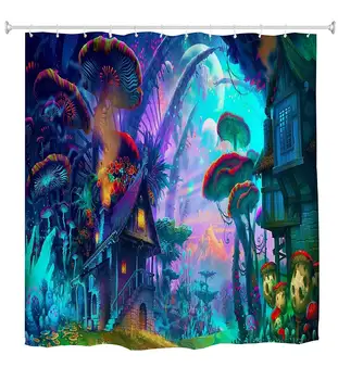 

Fantasy Scenery Colorful Mushrooms Fairy Cottage Kids Shower Curtain ch Home Decorative Polyester Bath Curtain with 12 Hooks