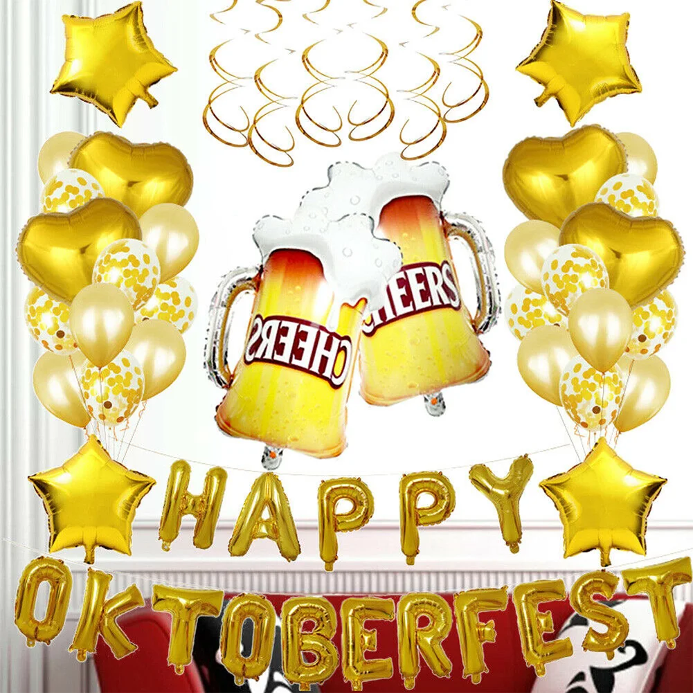

Party Decoration Large Happy Oktoberfest Letters Foil Beer Cups Pattern Festival Non Toxic Gift Home Holiday Balloon Set Hanging