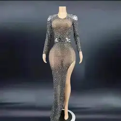 Sparkle See Through Mesh Crystal Mini Dresses Womens Long Sleeve Zipper Back Skinny Party Club Dress Chirstmas Outfits