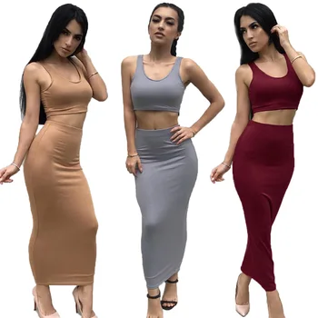 

Two Piece Set Women Casual Tank Crop Top Sexy Package hip Bodycon Long Skirt Ladies Suit Two Pieces Outfits Khaki Red Women Sets