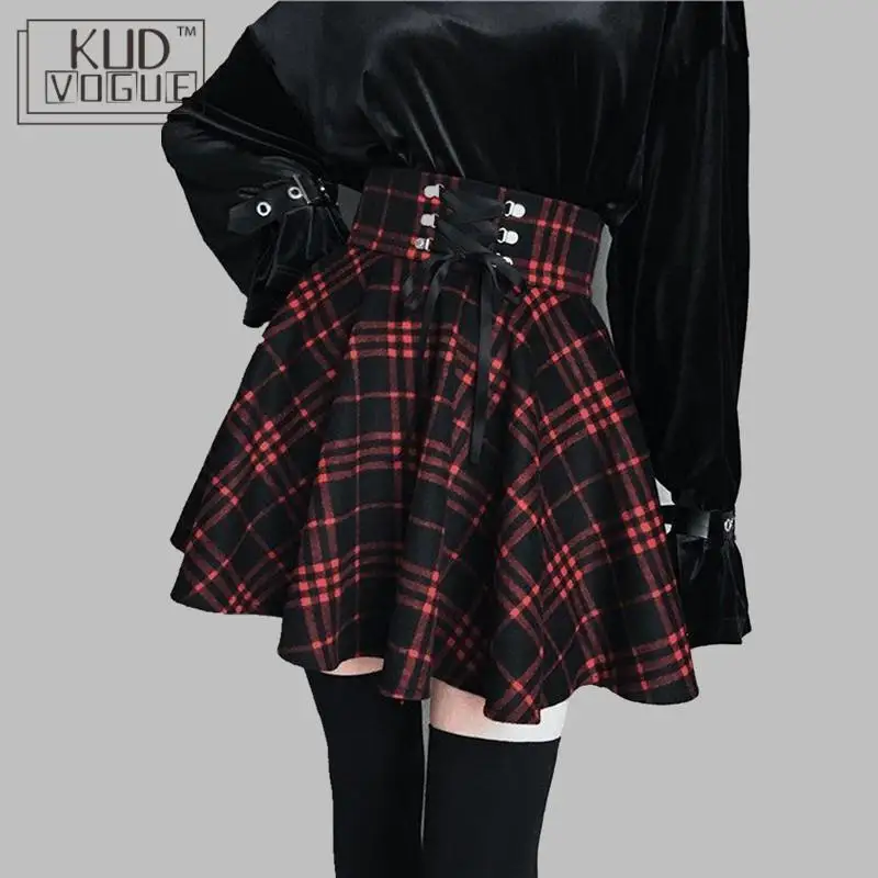 

Gothic Plaid Mini Skirt Women Vintage Lace Up High Waist Draped A-line Pleated Skirts Casual Plus Size Women's Cloth Jupe Femme