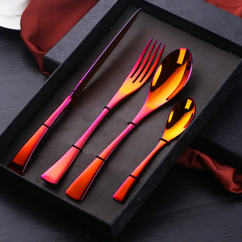 

4 PCS Flatware Box Cutlery Stainless Steel Dinnerware Set Rainbow Colorful Silverware Tableware Hotel Party Kitchen Gift Talher