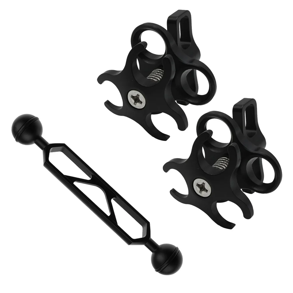 2Pieces Scuba Diving Light Torch Clip 3 Hole Ball Clamp Mount + Dual Ball Diving Ball Joint Arm Connector Adapter Black