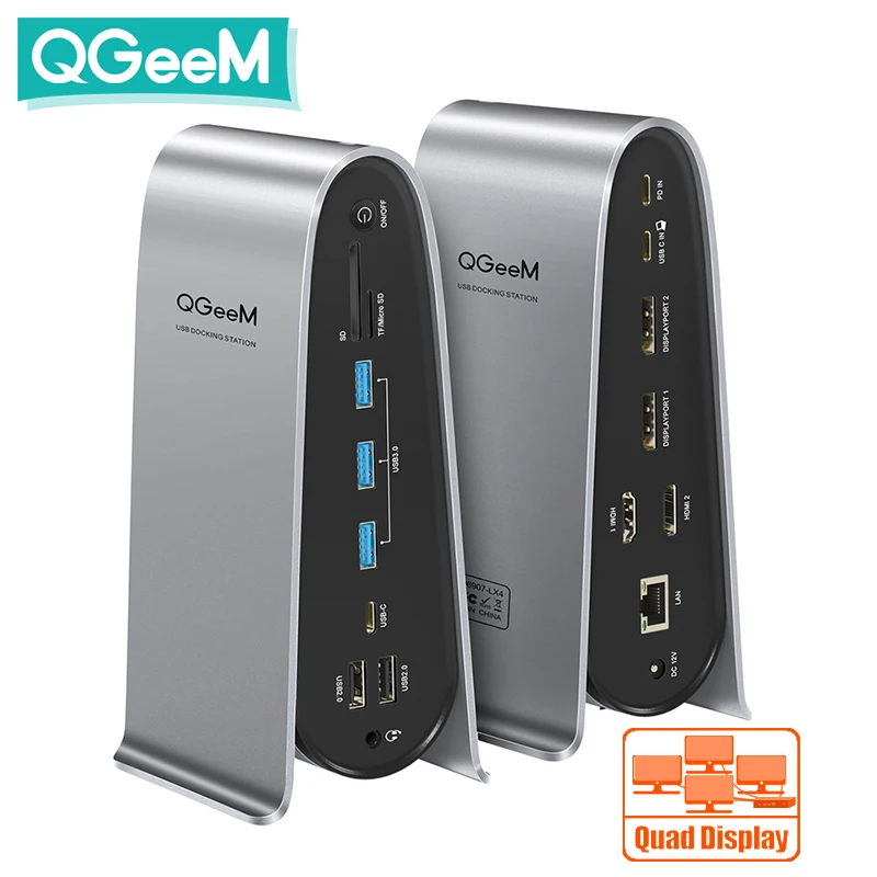 QGeeM 17-IN-1 USB Hub 3.0 Station daccueil pour Macbook Pro Air Ordinateurs portables Xiaomi 4K Quadruple Display Hub USB Type C 5 USB 3.0 2 HDMI 2 DP RJ45 SD / TF Audio Dock Adaptateur OTG Accessoires PC Splitter