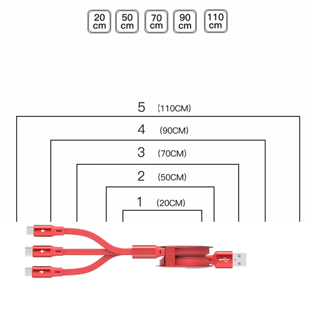 10 шт 2А Быстрая зарядка Выдвижной 3в1 usb type C Micro USB кабель 8 pin для iPh Кабель зарядного устройства 1,1 м