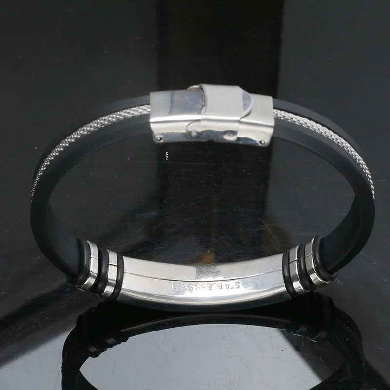 Bracelet Jewelry Trend Smooth Glossy Stainless Steel Metal Men's Bracelet Classical Black Silicone Grooved Braided Chain Bracelet