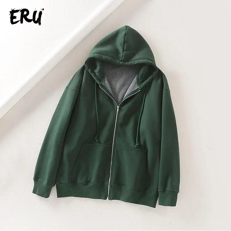 Green ERU черная повседневная толстовка на молнии для женщин зима с длинным рукавом негабаритных толстовки уличная хлопковая Свободная Толстовка mujer - Цвет: Green