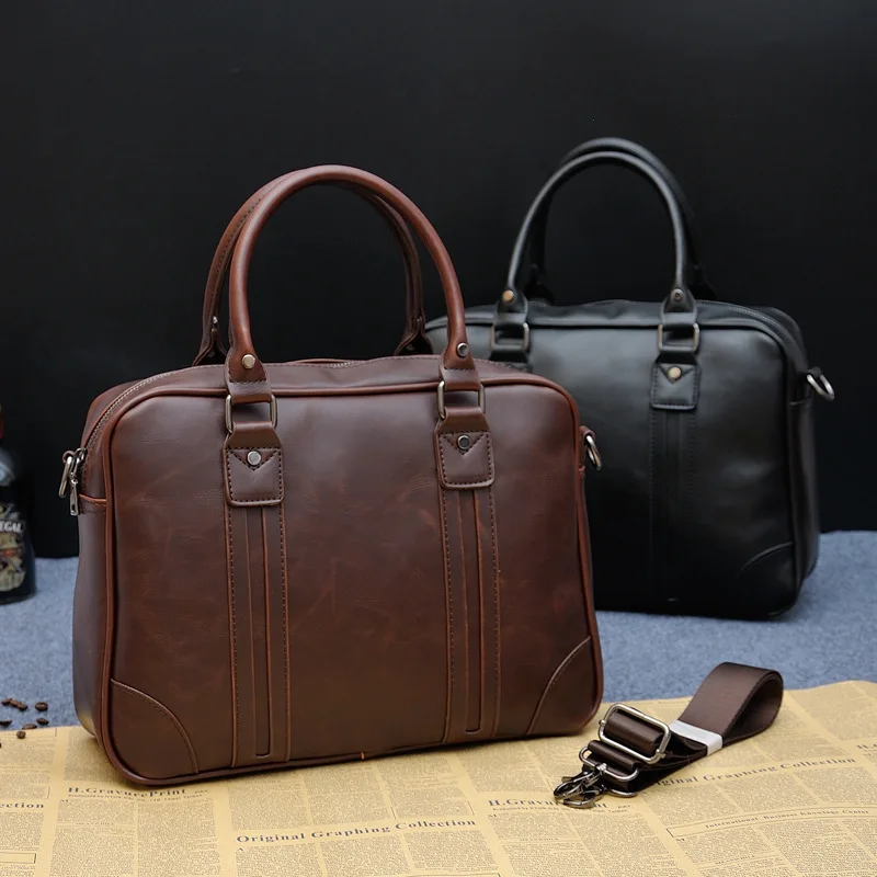 

Crazy horse leather handbag business slung shoulder computer briefcase