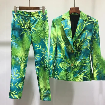 

Work Pant Suits OL 2 Piece Sets Green Color Vintage Blazer Jacket & Slim Trousers Suit For Women Set Feminino Slim Elegant